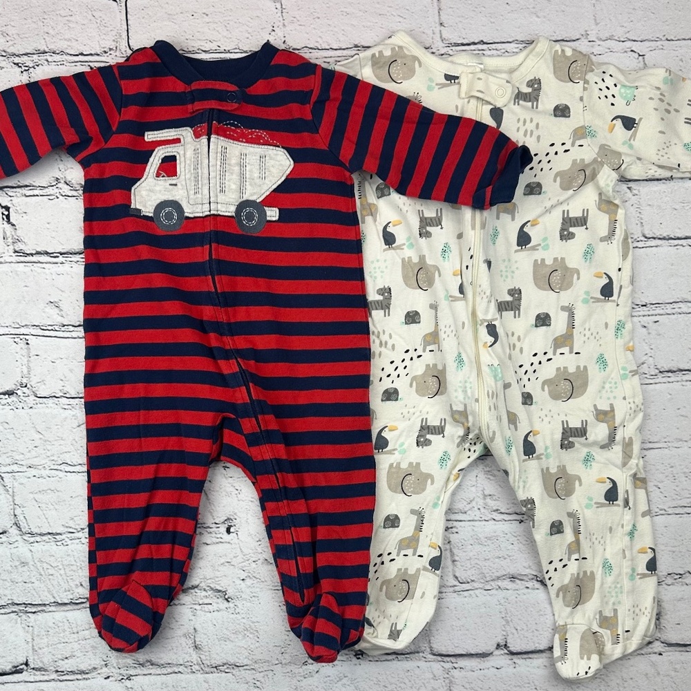 3-6 month baby footie pajamas - Set of 2 (Animals & Truck)